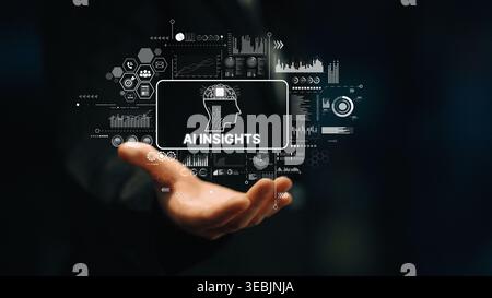 Futuristic Concept Image of AI Insights with Data Visualization Graphics and Human Hand Offering Technology Representation. Asymptotic smart data Stock Photo