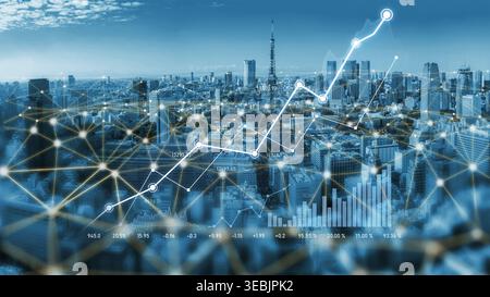 A stunning representation of a modern city skyline integrated with digital graphs and data visualization elements, showcasing growth in technology and Stock Photo