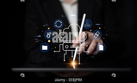 A cloud storage and data synchronization service ecosystem. A concept of cloud computing for file storage, backup, and sharing across devices. Motif Stock Photo