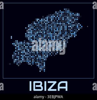 Ibiza digital style map. Small square dots on dark background. Dotted shape of the island. Ibiza map and title. Classy vector illustration. Stock Vector