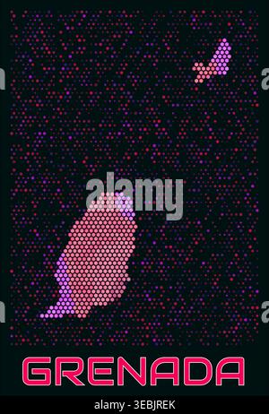 Grenada digital style hexagon map. Vibrant magenta purple pink neon dotted shape. Country tiny bright hexagon cells. Grenada honeycomb map design. Stock Vector