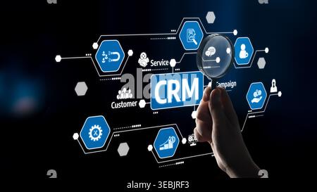 A detailed visualization of CRM software features with a magnifying glass highlighting customer service and campaign management icons in a digital Stock Photo