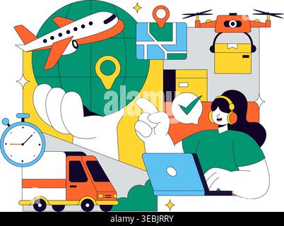 Logistics Vector Illustration Featuring Global Shipping Delivery Supply Chain Warehouse Cargo Transport Across Air Sea And Land Freight Design Stock Vector