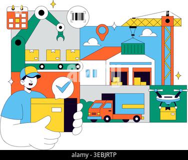 Logistics Vector Illustration Featuring Global Shipping Delivery Supply Chain Warehouse Cargo Transport Across Air Sea And Land Freight Design Stock Vector