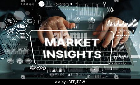 Hands Typing on Laptop with Digital Market Insights Overlaid - Business and Technology Concept. Asymptotic smart data analytic. Stock Photo