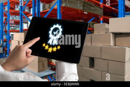 Online product certification, marking a key achievement. Demonstrates commitment to quality and trustworthiness by having product certification passed Stock Photo
