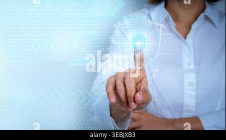 User verifying identity with fingerprint biometric on digital interface. Secure authentication, real time data flow, system processing, cybersecurity, Stock Photo