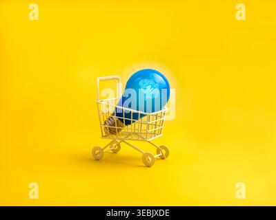 AI innovation investment concept with light bulb brain in shopping cart. Buying artificial intelligence ideas, technology adoption, digital transforma Stock Photo