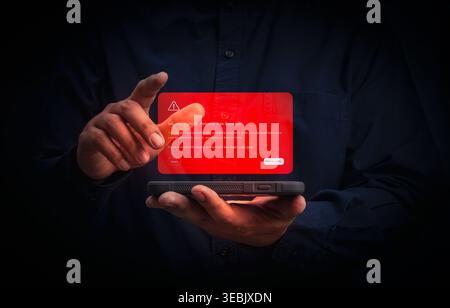 Cybersecurity warning alert on smartphone screen indicating potential mobile threat, phishing risk, data breach, and malicious activity. User awarenes Stock Photo