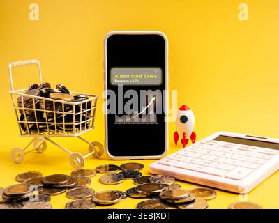 Ecommerce automation concept with smartphone displaying automated sales growth, AI shopping assistant, digital retail technology, revenue increase, sm Stock Photo