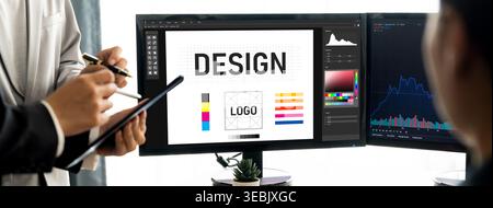 Graphic designer software for modern design of web page and commercial brisk ads showing on the computer screen Stock Photo