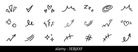 Line element movement hand drawn set. Hand drawn sketch line element icon brush pencil stroke movement chalk. Cute comic cartoon emoji bubble heart star sparkle expression manga. Vector illustration Stock Vector
