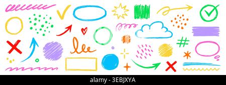 Underline, arrow shape color crayon pencil element set. Scribble pastel texture brush stroke kid square, spiral, arrow hand drawn sketch design. Crayon pencil color doodle shapes. Vector illustration Stock Vector