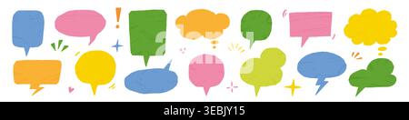 Paper speech bubble collage set. Hand drawn paper speech bubble frame with texture text balloon sticker. Cute comic chat scrapbook memo torn crumpled school background. Vector illustration Stock Vector