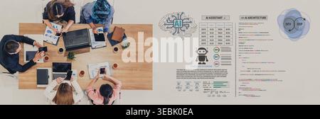 Team Collaborating on Artificial Intelligence Project with Digital Device Setup and Informative AI Architecture Diagram Exhibit on Table Fluxor. Stock Photo