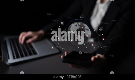 Global AI network showing connection between AI, global, and network elements across the digital world and data infrastructure Latch Stock Photo