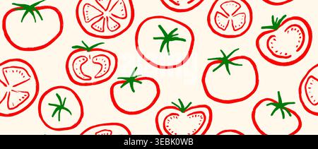 Seamless hand drawn tomato pattern. Red outline tomatoes doodle background. Repeated organic healthy food wallpaper for restaurant, cooking recipe. Repeating fresh farm vegetable backdrop. Vector Stock Vector