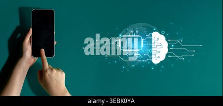 Concept of artificial intelligence and machine learning. A central processor transfers information to a cloud brain, representing a global neural Stock Photo