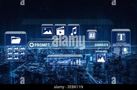 Digital Interface with Creative Icons and Visual Elements Representing Art, Music, AI, and Media Generation Over Futuristic City Landscape Quark. Stock Photo