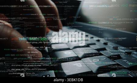 A close-up image featuring hands typing on a keyboard with streams of programming code and digital symbols, illustrating the intricacies of software Stock Photo