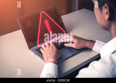 Cybersecurity alert warning showing red cyber for data breach, network threat, and cyber security system vulnerability with emphasis on security risk Stock Photo