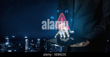 Cybersecurity threat alert protects data. Cyber security threat alert prevents access, alert warns breach, defends system, and cyber security threat Stock Photo