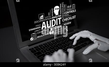 A robotic hand interacts with a laptop, showcasing essential audit concepts like compliance, analysis, and controls in a visually captivating manner Stock Photo
