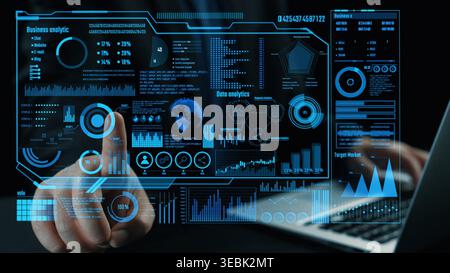 An interactive touchscreen dashboard displaying futuristic business data analytics, highlighting important market insights and trends with engaging Stock Photo