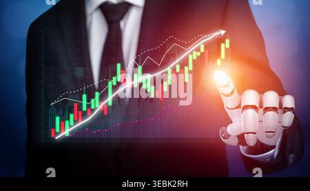 Businessman in Suit Touching Digital Graph with Growth Indicators and Robotic Hand in Modern Financial Visualization Concept Impute. Stock Photo