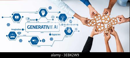A dynamic illustration of collaborative hands working together on generative AI concepts, showcasing creativity and technology in a modern workspace Stock Photo