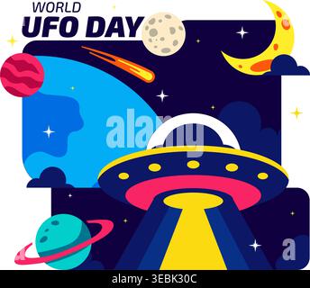 World UFO Day Vector Illustration Alien Spaceship Abduction Scene In Outer Space With Planets Night Sky Sci Fi Theme Modern Flat Design Stock Vector