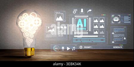 Light bulb filled with gears and AI technology display, representing innovation, creativity, and artificial intelligence in modern design and concept Stock Photo