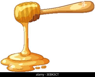 Vector illustration of golden honey dripping from a wooden dipper on a white background Stock Vector