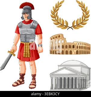 Vector set of Roman centurion, amphitheater, temple, and golden laurel wreath on white background Stock Vector