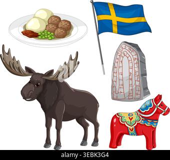 Vector collection of Swedish icons including moose, meatballs, flag, runestone, and Dala horse on white Stock Vector