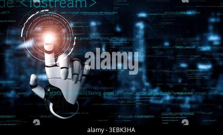 A robotic hand reaches towards a glowing digital interface, symbolizing the fusion of technology and human interaction in a futuristic cyber landscape Stock Photo