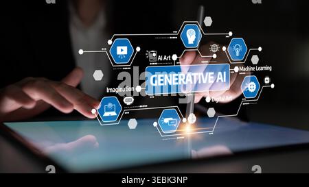 A close-up view of a hand interacting with a tablet screen, showcasing generative AI concepts with vibrant icons representing creativity, technology Stock Photo