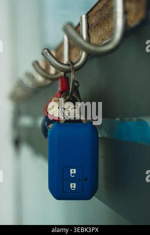 Close‑up of keychain with car remote and cat figurine hanging on metal hooks. Stock Photo