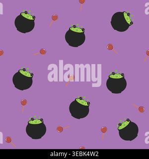 Seamless Halloween pattern featuring witch cauldrons with green potion and lollipop candies on purple background. Perfect for fabric, wrapping paper, Stock Vector