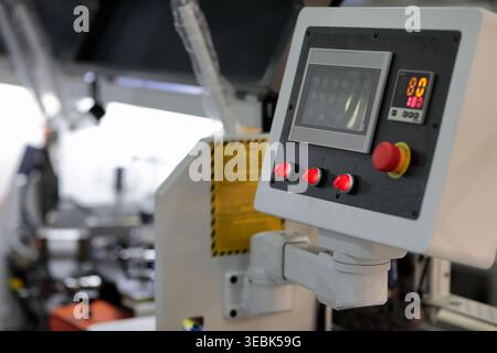 Industrial equipment and remote control console with touch screen. Selective focus. Stock Photo