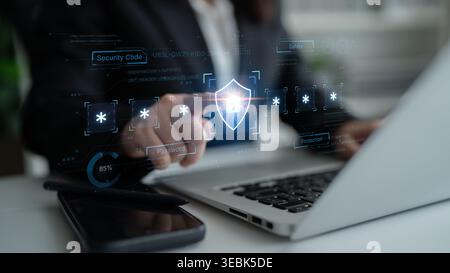 A concept of an advanced cybersecurity system. The futuristic interface shows a multi-factor authentication process using a secure password or PIN for Stock Photo