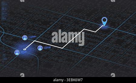 Isometric night city map with autonomous car navigation route and location pin tracking. Vector illustration. Stock Vector