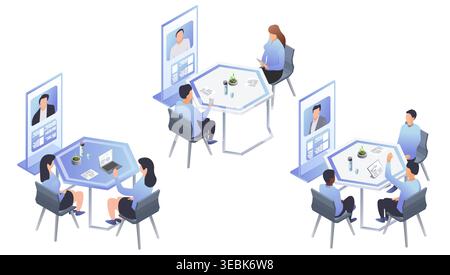Isometric hybrid business meetings with teams sitting at tables using vertical video screens for remote conference calls. Vector illustration. Stock Vector