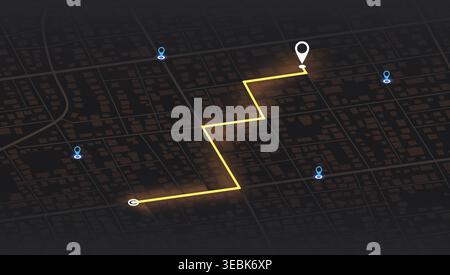 Dark perspective city map interface with glowing yellow route and multiple location markers. Vector illustration. Stock Vector
