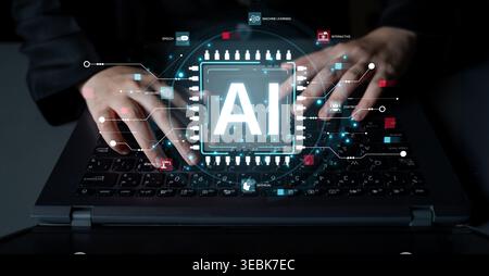 A technical diagram illustrating the core capabilities of Artificial Intelligence. This includes machine learning, robotics, speech recognition, and Stock Photo
