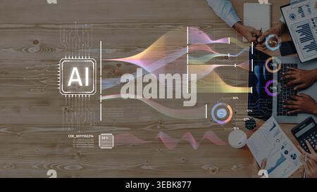 A modern workspace featuring advanced artificial intelligence data visualization with colorful waves and digital elements, emphasizing technology and Stock Photo