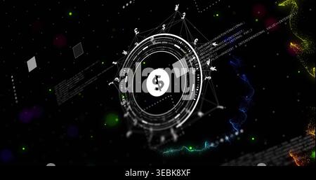 Rotating central circular HUD showing dollar sign in black void, with currency symbols, nodes, code Stock Photo