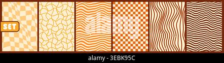 Pack of psychedelic checkerboard color posters. Retro abstract aesthetic bg. Stock Vector
