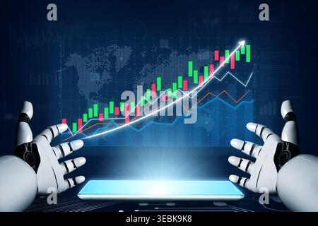 Futuristic robotic hands showcase an upward-trending financial graph on a glowing screen, highlighting the interplay of technology and market growth Stock Photo