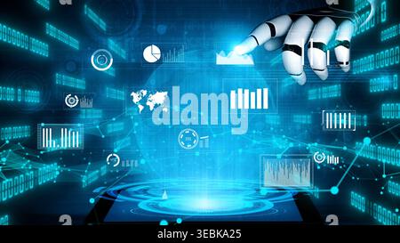 A robotic hand interacts with a digital interface showcasing various data analytics visualizations and futuristic elements, highlighting the role of Stock Photo